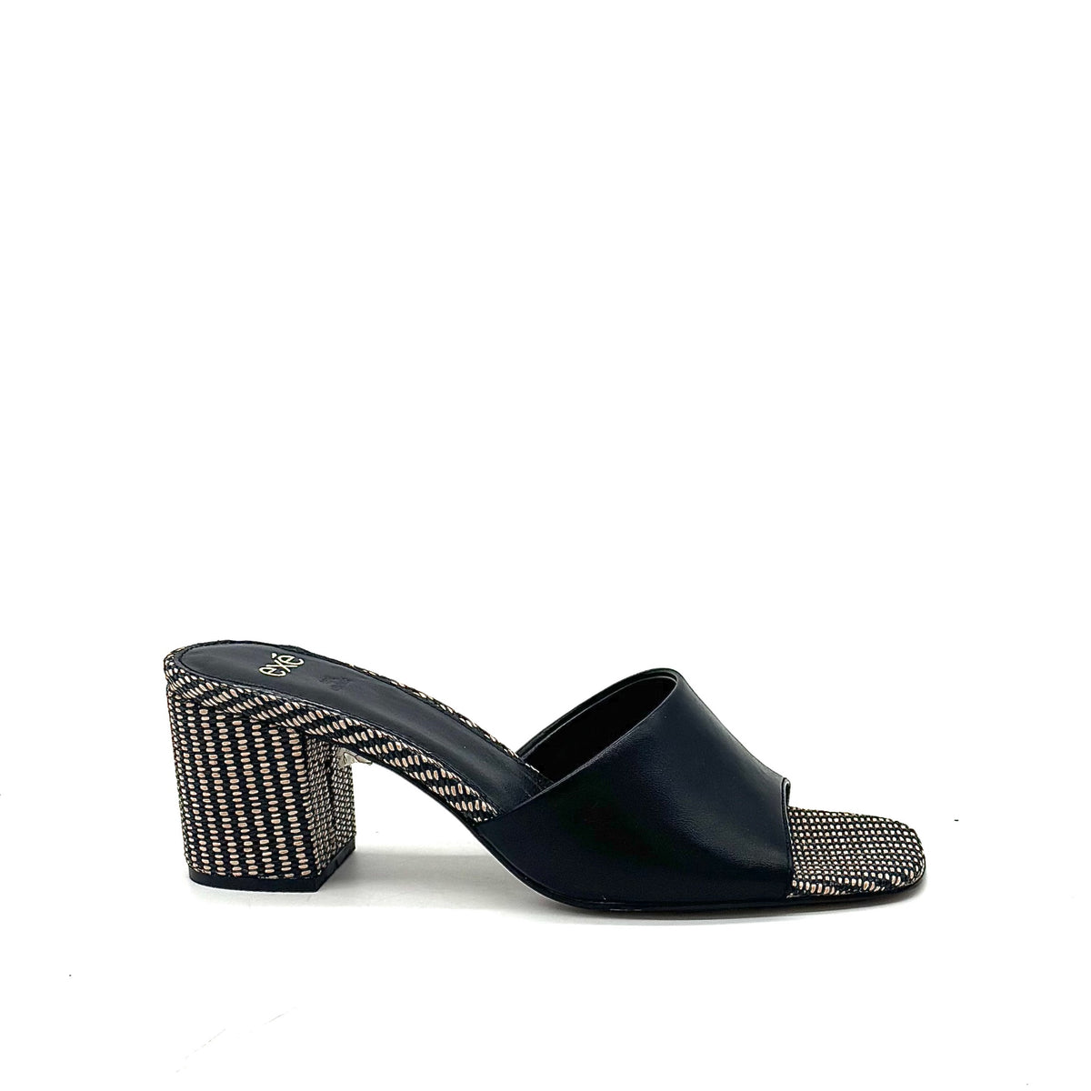 EXE Anny-833 block heel mule sandal in black with woven textured toe panel and matching block heel