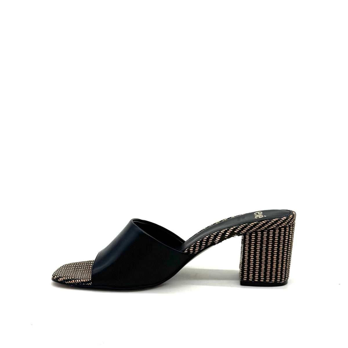 EXE Anny-833 block heel mule sandal in black with woven textured toe panel and matching block heel