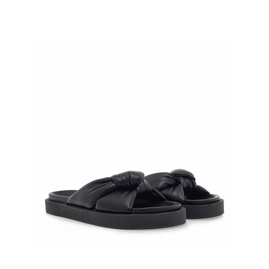Black: EXE Artemis-940 puffy twist knot slide sandal with black flatform sole