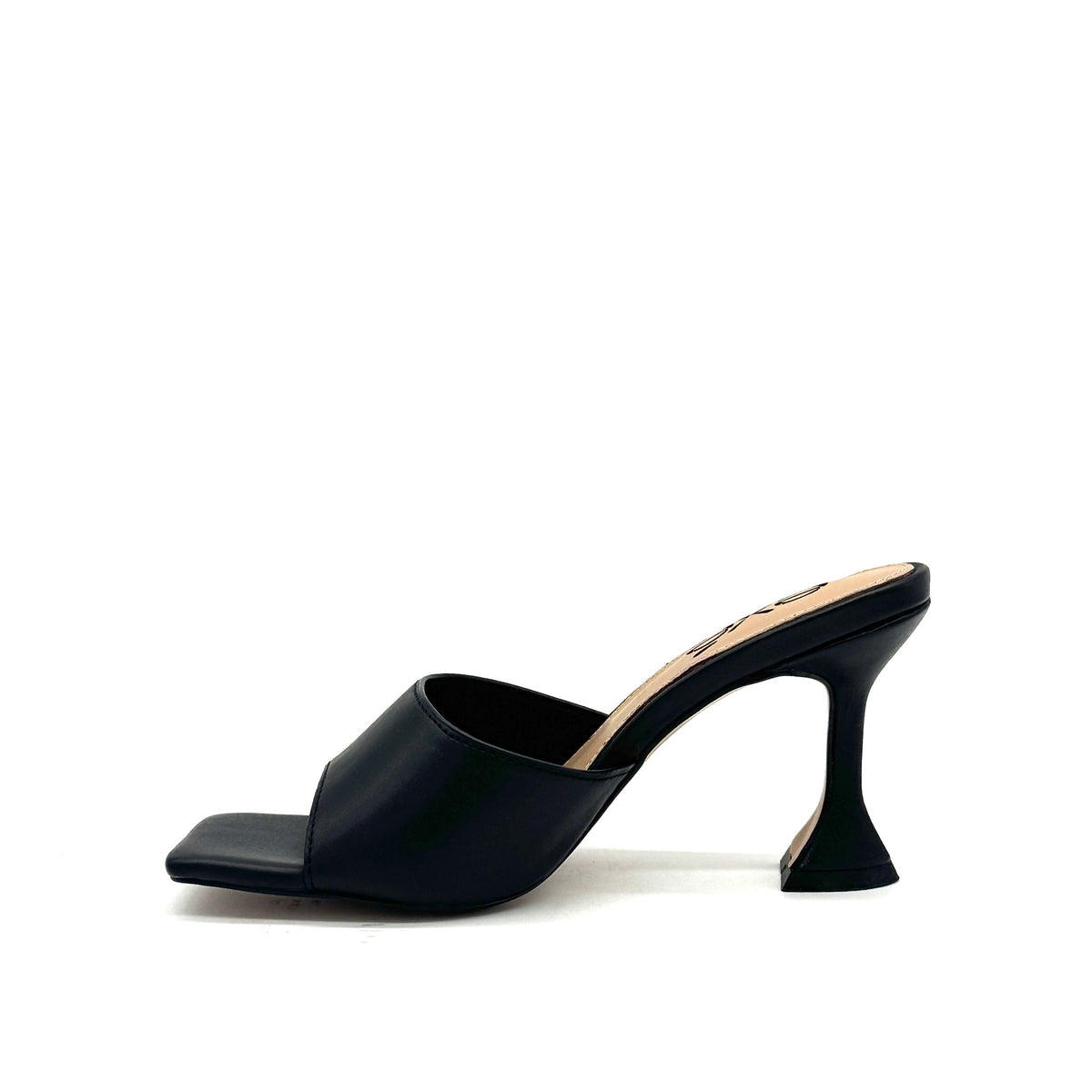 Black: EXE Bianca-700 wide-band sculptural heel slide sandal in black with flared heel and square toe, side view