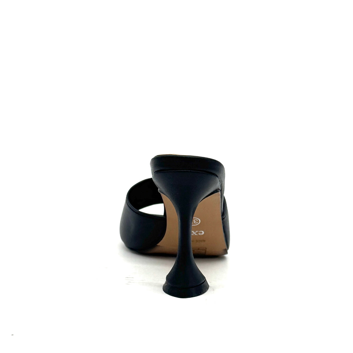 Black: EXE Bianca-700 wide-band sculptural heel slide sandal in black with flared heel and square toe, side view