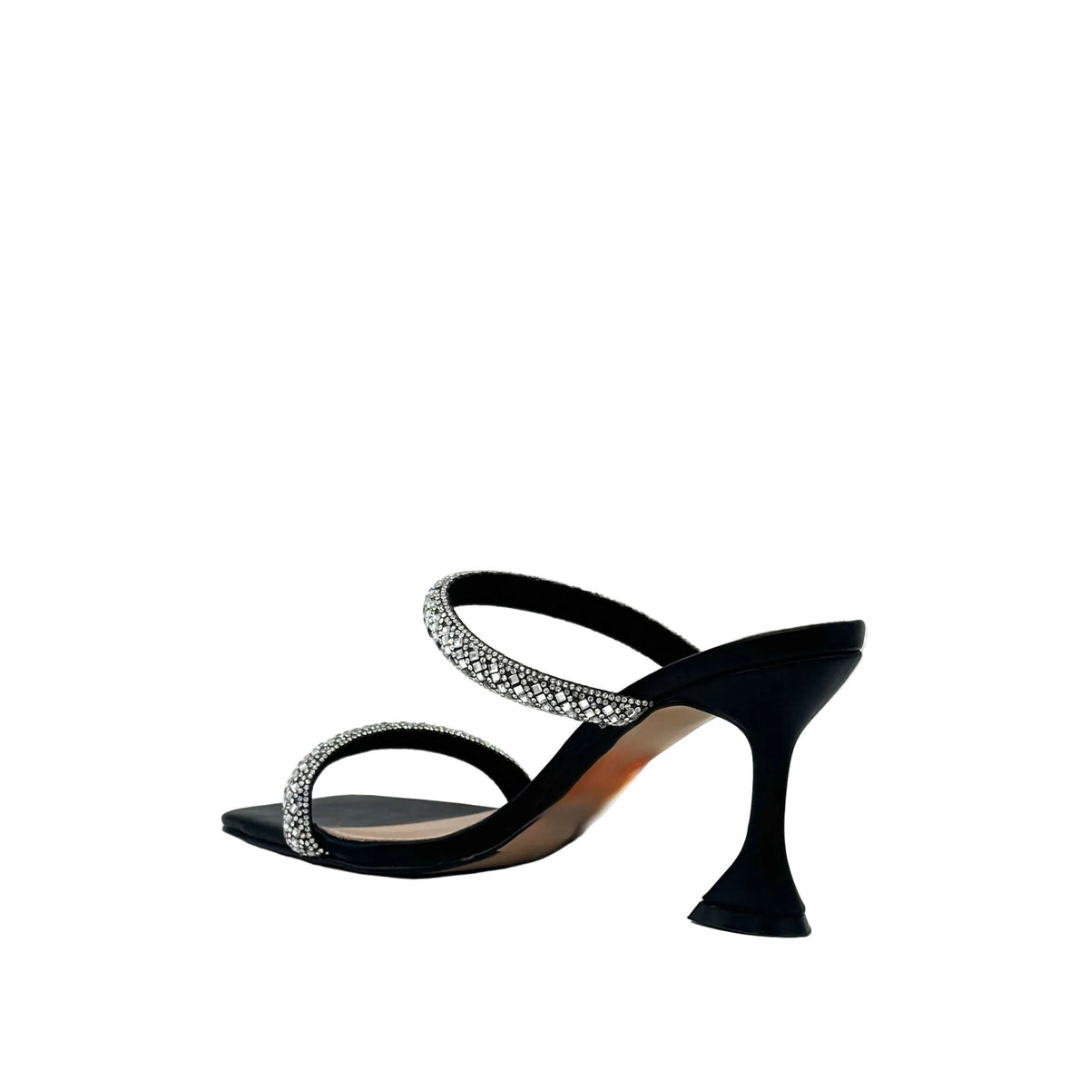 Black/Silver: EXE Bianca-736 crystal double-strap sculptural heel slide in black with silver rhinestone-encrusted straps and flared heel, side view