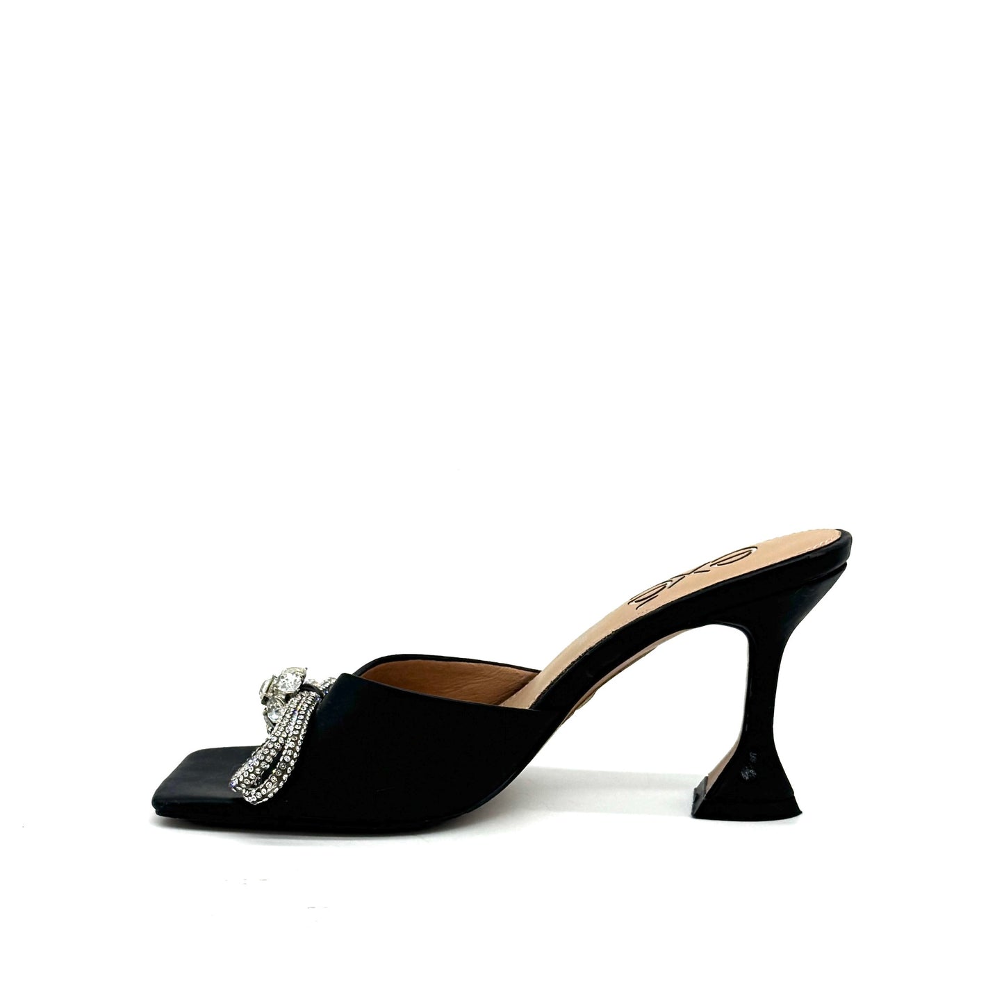 Black: EXE Bianca-755 crystal brooch heeled slide sandal in black with rhinestone tassel embellishment and sculptural flared heel, side view