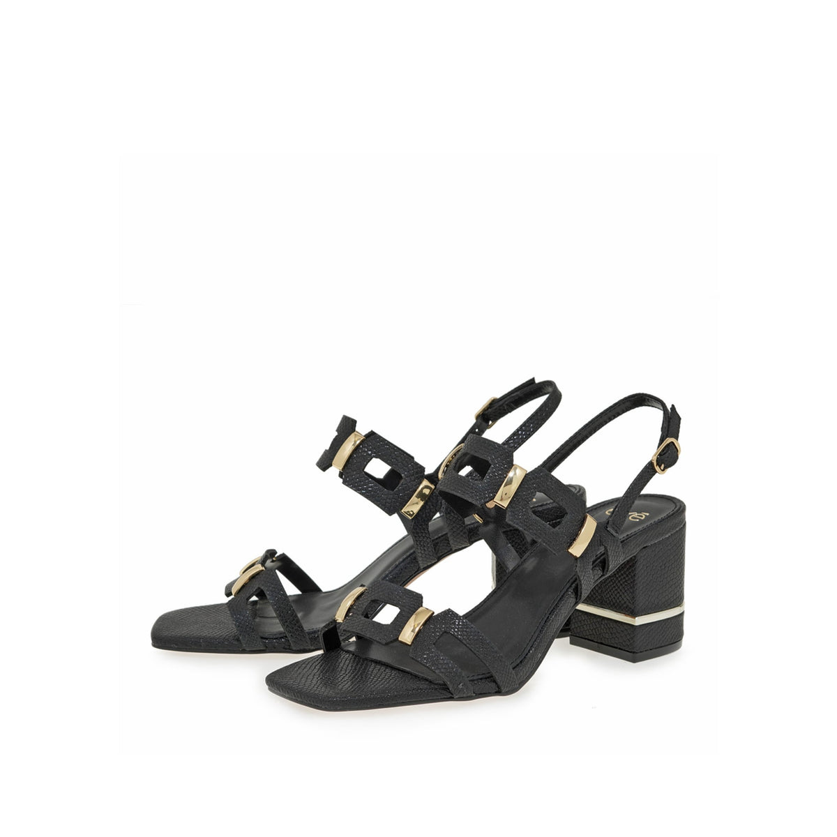 EXE Bruna 520 textured block heel sandal in black with geometric buckle hardware, alternate angled view