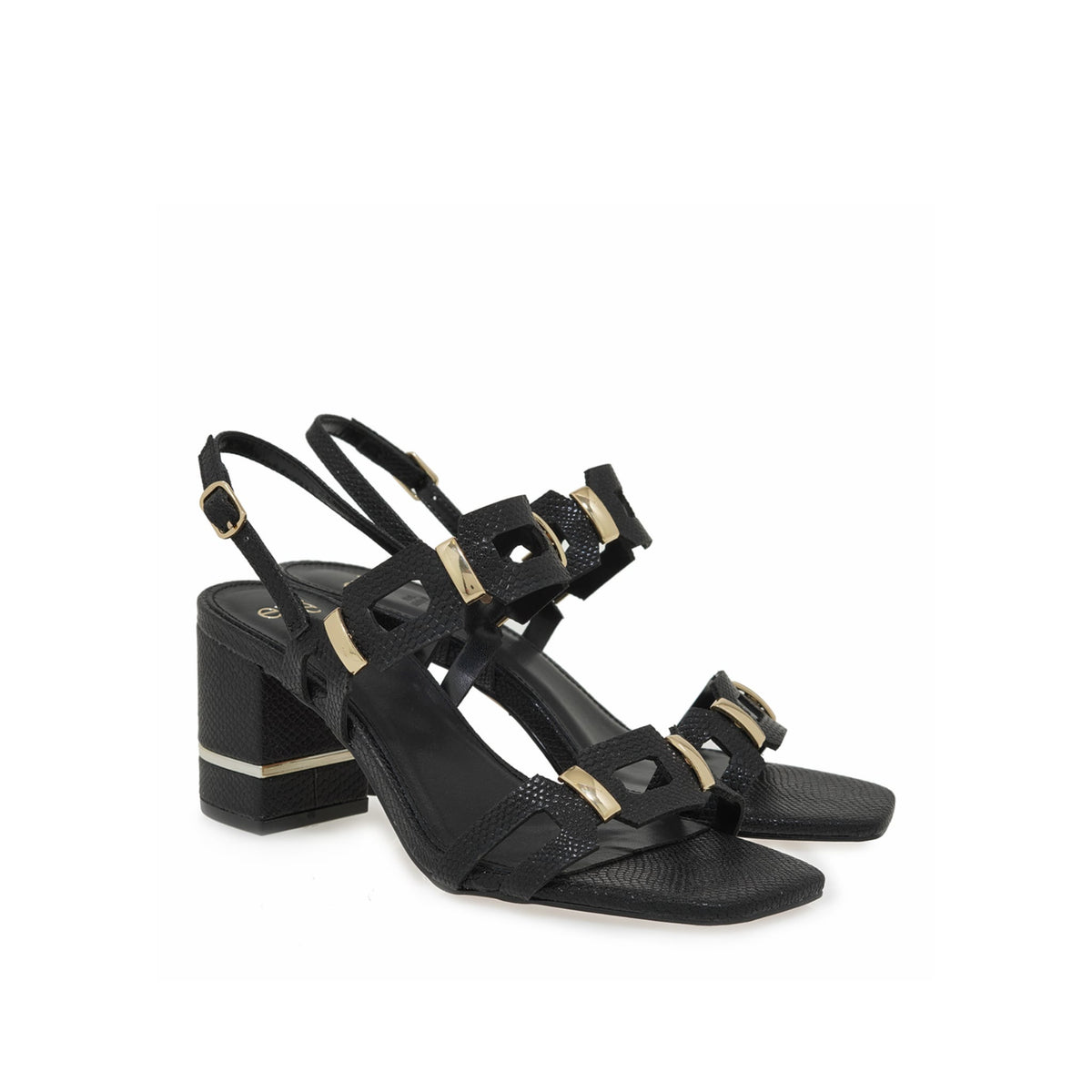 EXE Bruna 520 textured block heel sandal in black with geometric buckle hardware, angled view