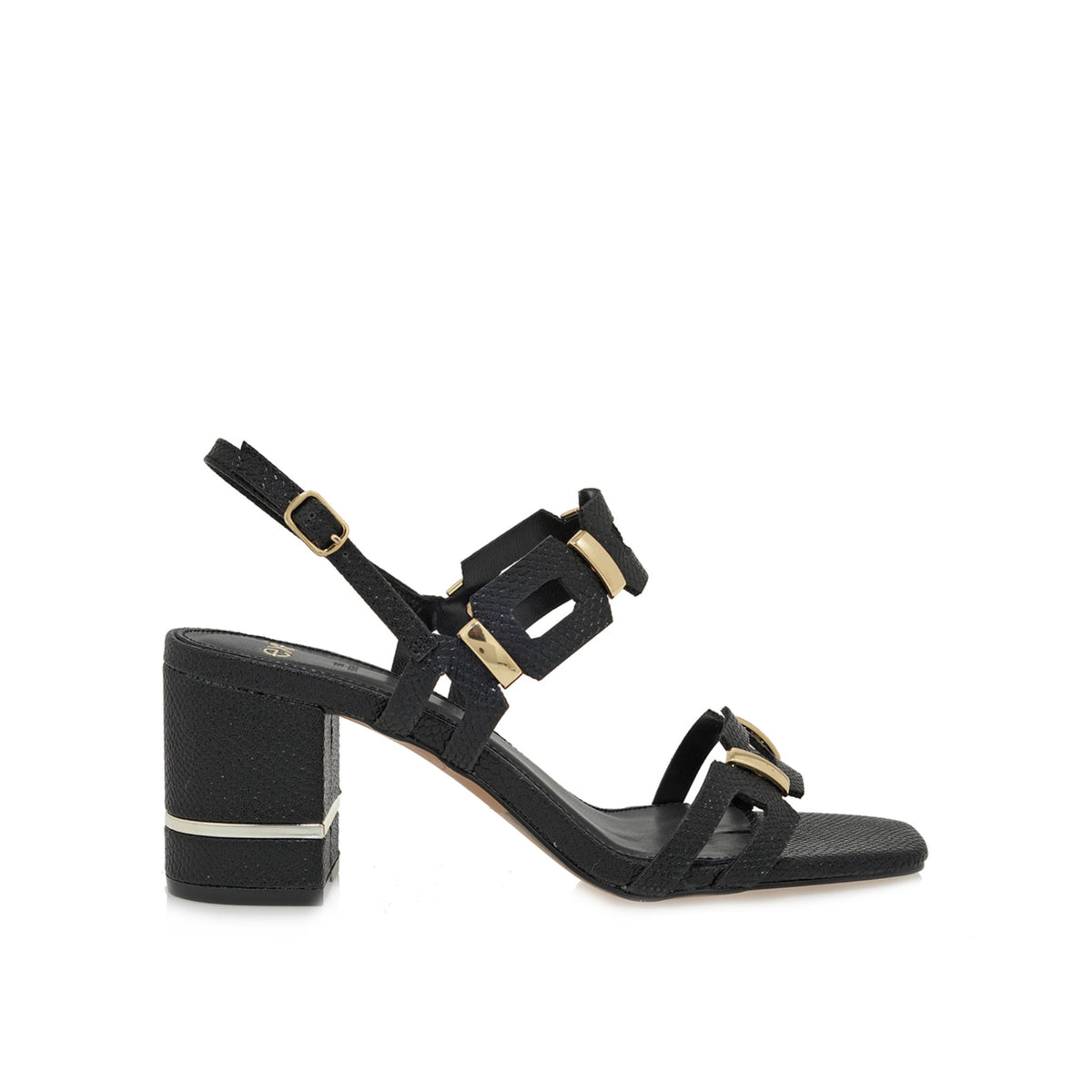 EXE Bruna 520 textured block heel sandal in black with geometric buckle hardware, side view