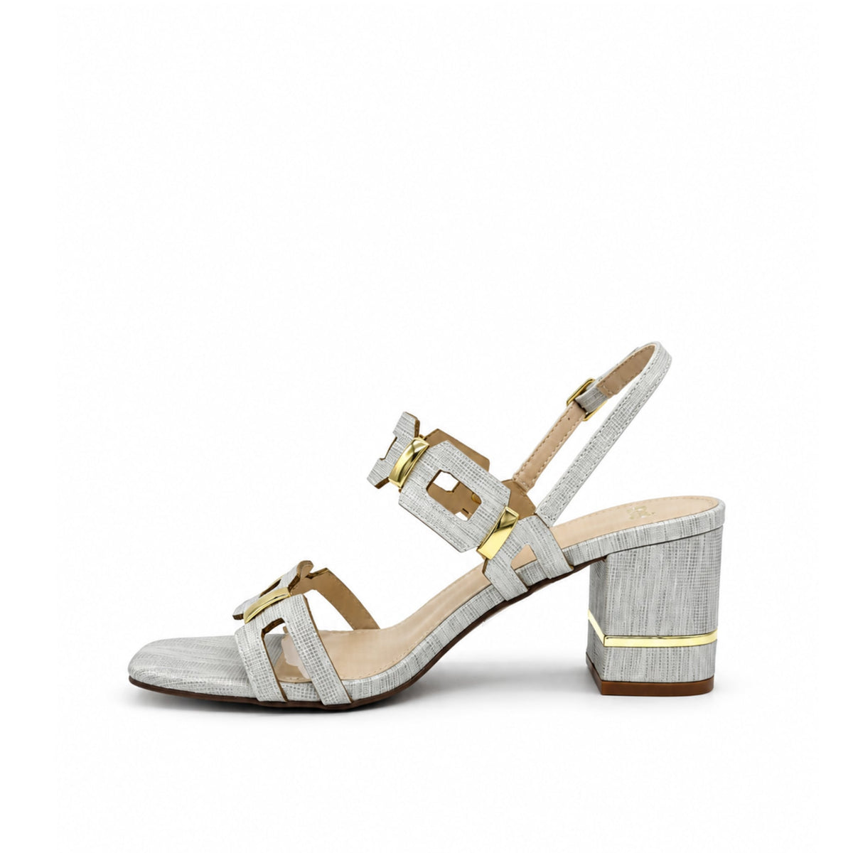 EXE Bruna 520 textured block heel sandal in silver with geometric buckle hardware, inner side view