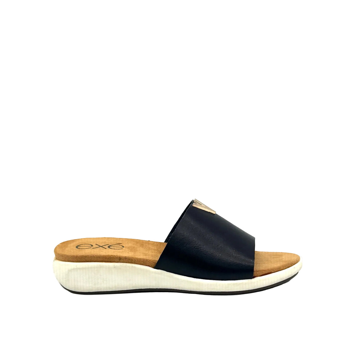 Black: EXE BZX7271-VA58 wide-band slide sandal in black with gold-tone hardware detail and white low wedge sole