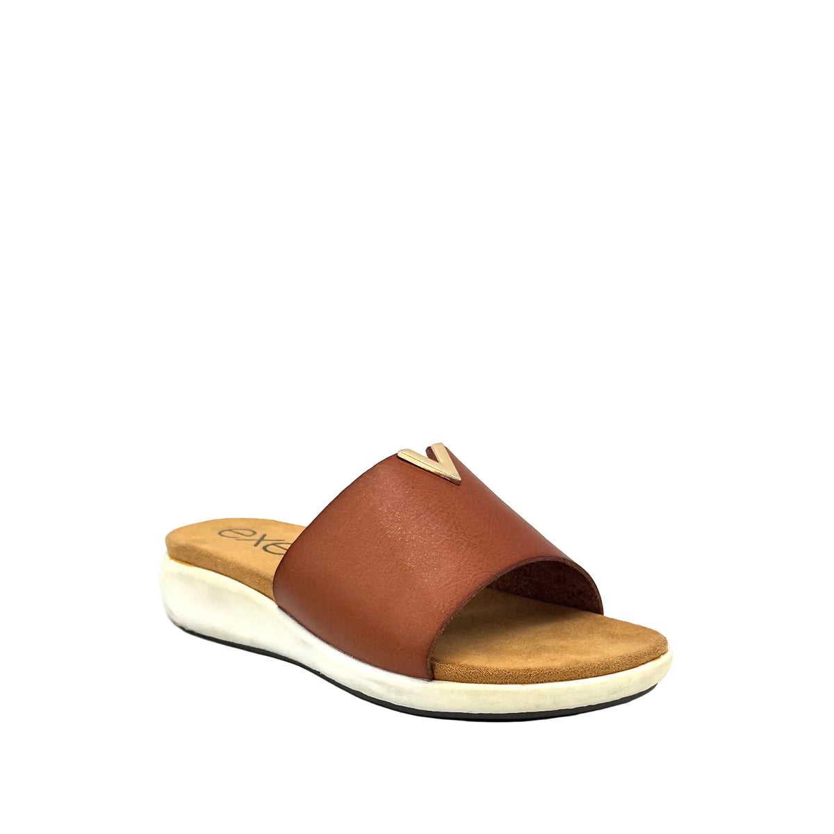 EXE BZX7271-VA58 wide-band slide sandal in tan with gold-tone hardware detail and white low wedge sole