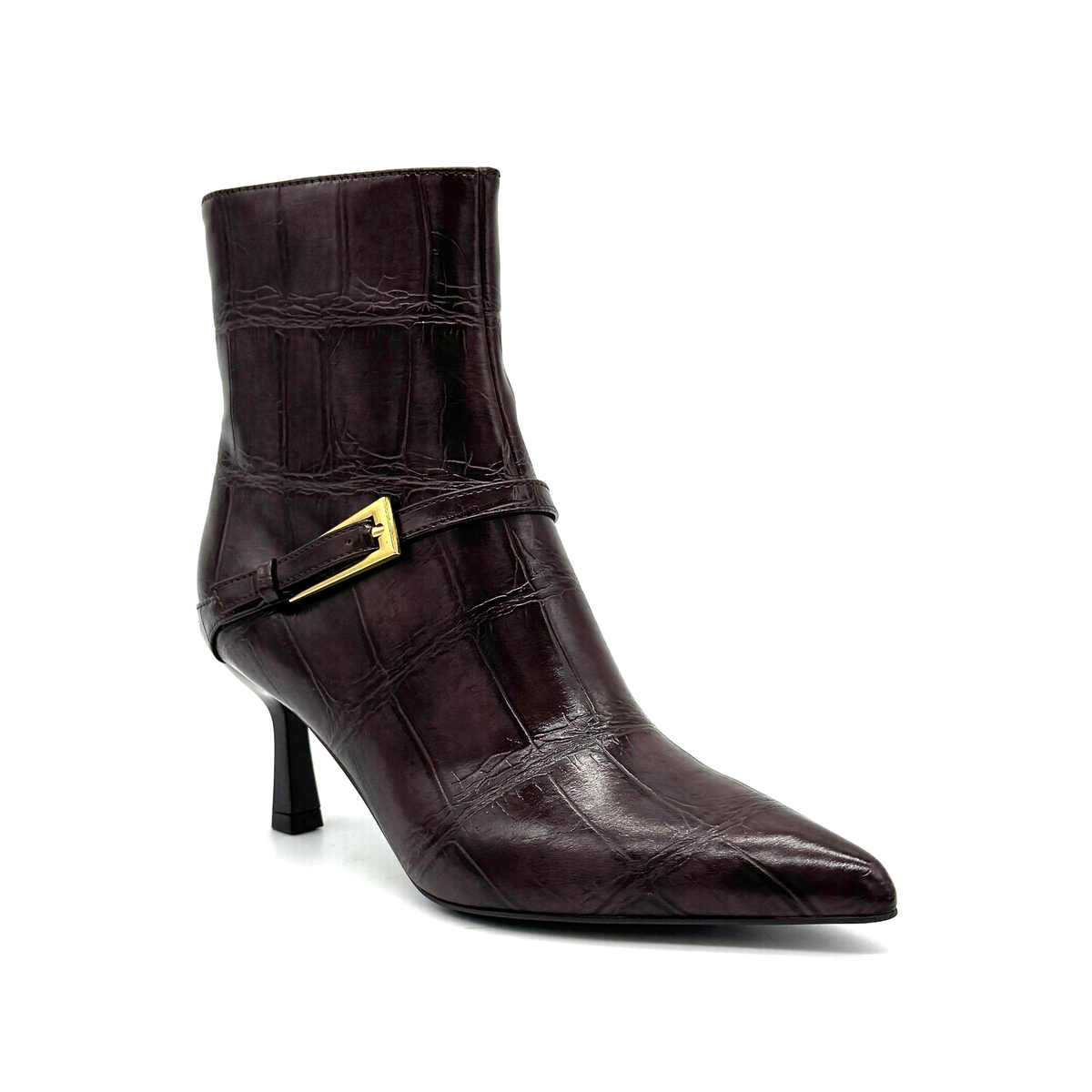 EXE Cala-313 croc-embossed ankle boot in brown, three-quarter view