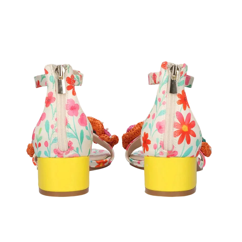 EXE Capri 400 white floral block heel sandals for women with low heel and colorful flower embellishment