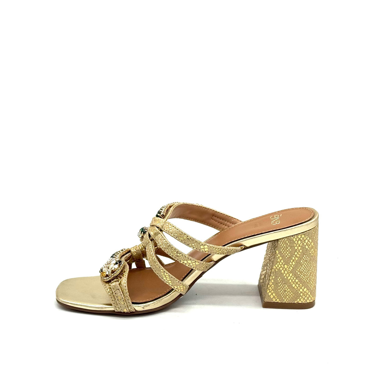 EXE Coco-933 jewel-knotted block heel slide sandal in gold with black and white crystal embellishment and snake-embossed block heel