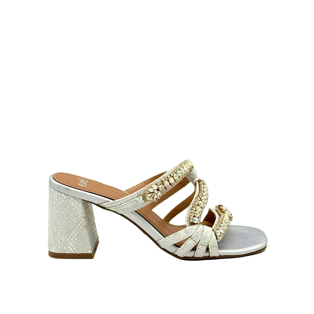 EXE Coco-933 jewel-knotted block heel slide sandal in silver with iridescent crystal embellishment and snake-embossed block heel