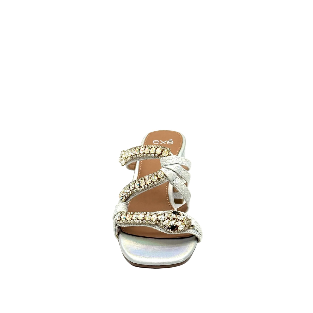 EXE Coco-933 jewel-knotted block heel slide sandal in silver with iridescent crystal embellishment and snake-embossed block heel
