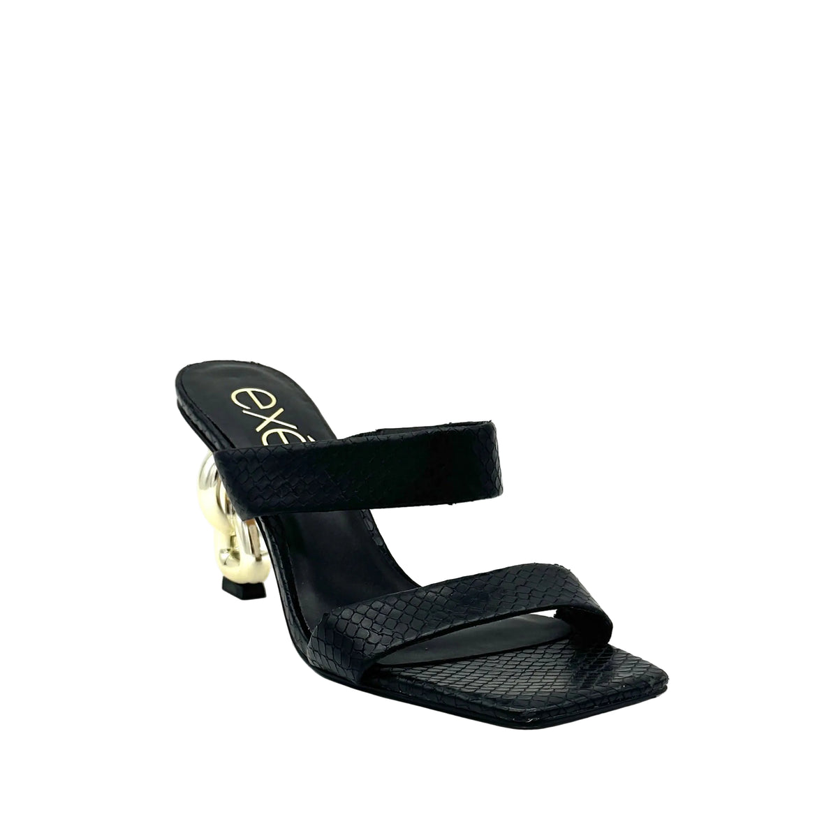 Black: EXE Dolly-155 double-strap chain-link heel slide sandal in black with textured upper and gold sculptural chain-link heel, side view