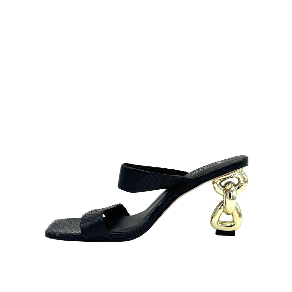 Black: EXE Dolly-155 double-strap chain-link heel slide sandal in black with textured upper and gold sculptural chain-link heel, side view