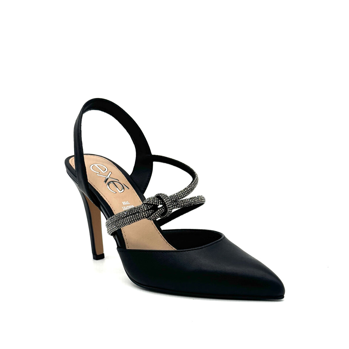 Black: EXE Garde-294 black pointed toe slingback heel with rhinestone strap detail