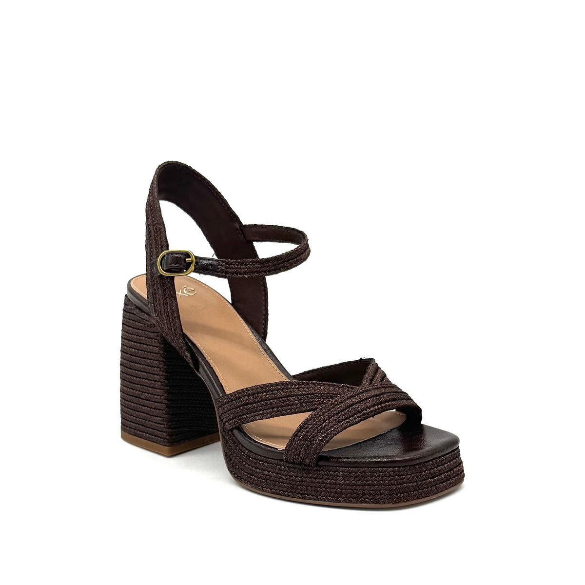 EXE Havana-002 woven platform block heel sandal in brown with crossover straps and ankle strap buckle closure, side view