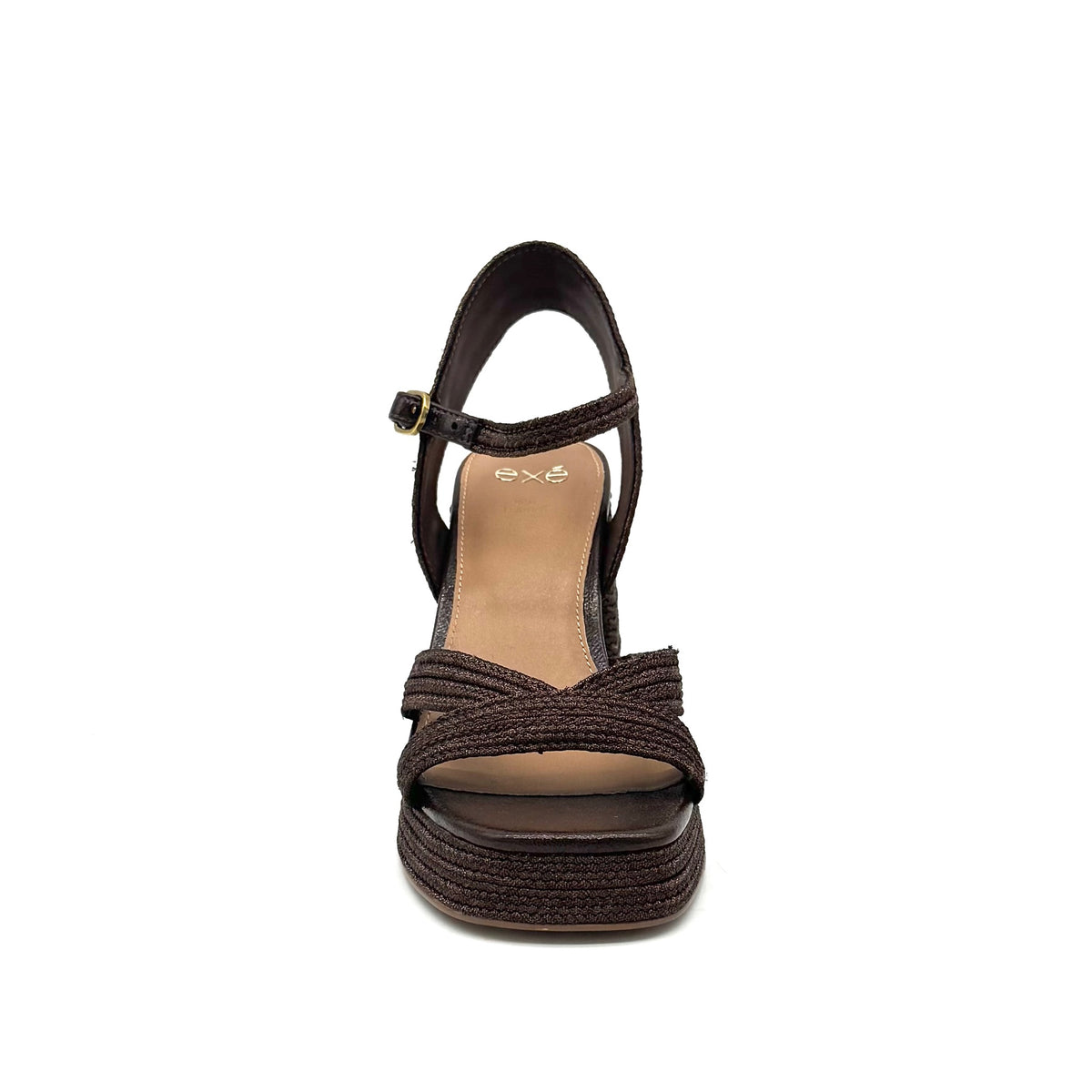 EXE Havana-002 woven platform block heel sandal in brown with crossover straps and ankle strap buckle closure, side view