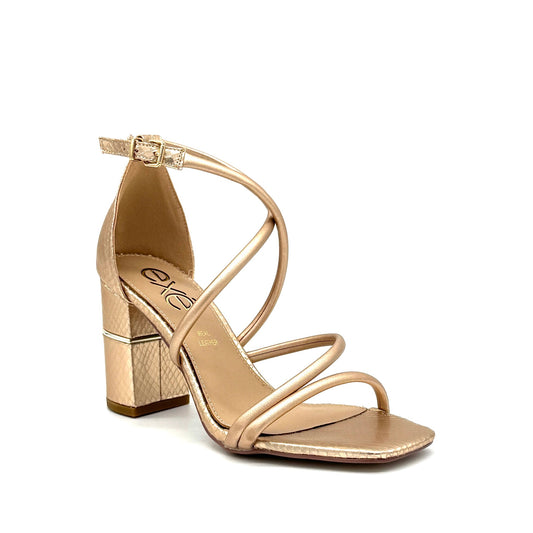 Champagne: EXE Helen-690 strappy cross-strap block heel sandal in metallic champagne with snake-embossed heel