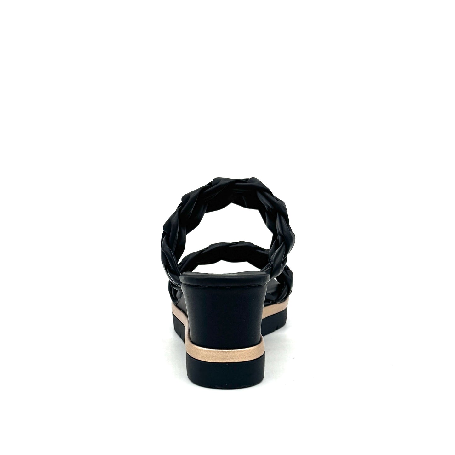 Black: EXE Ipanema-922 double braided strap wedge slide sandal in black with gold-tone sole accent