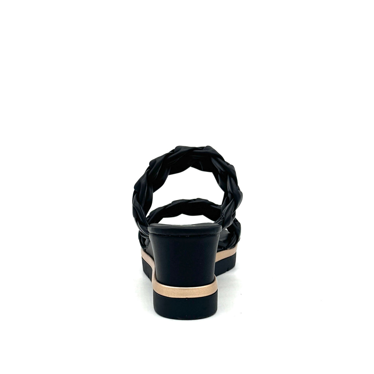 Black: EXE Ipanema-922 double braided strap wedge slide sandal in black with gold-tone sole accent