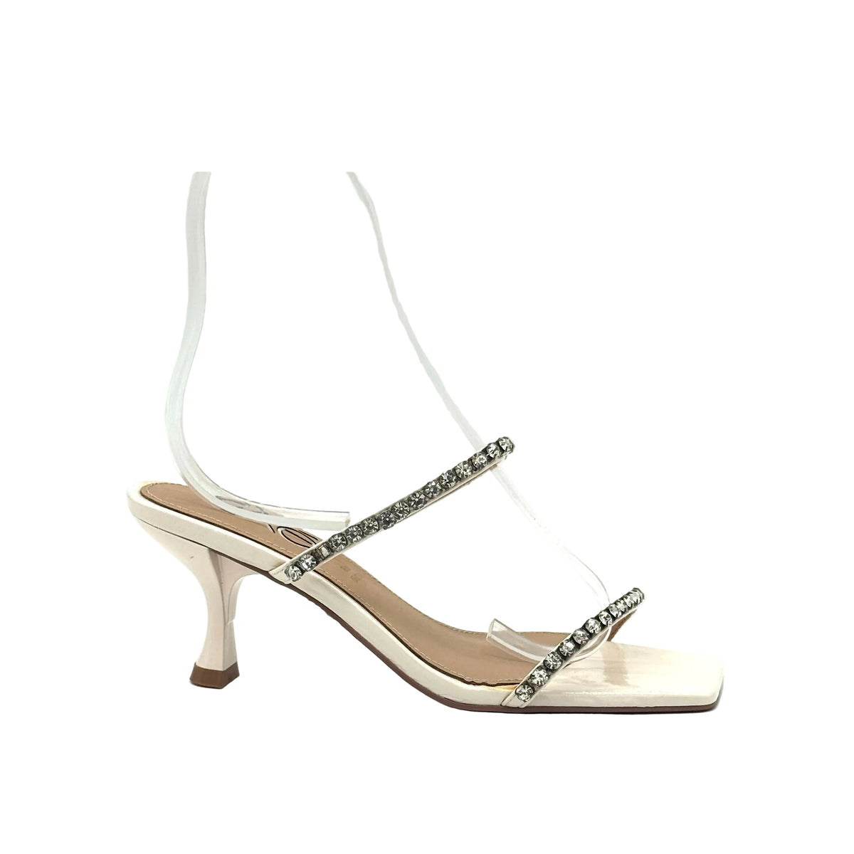 Cream: EXE Jennifer-585 rhinestone double-strap heeled sandal in cream with sculptural low heel and square toe, side view