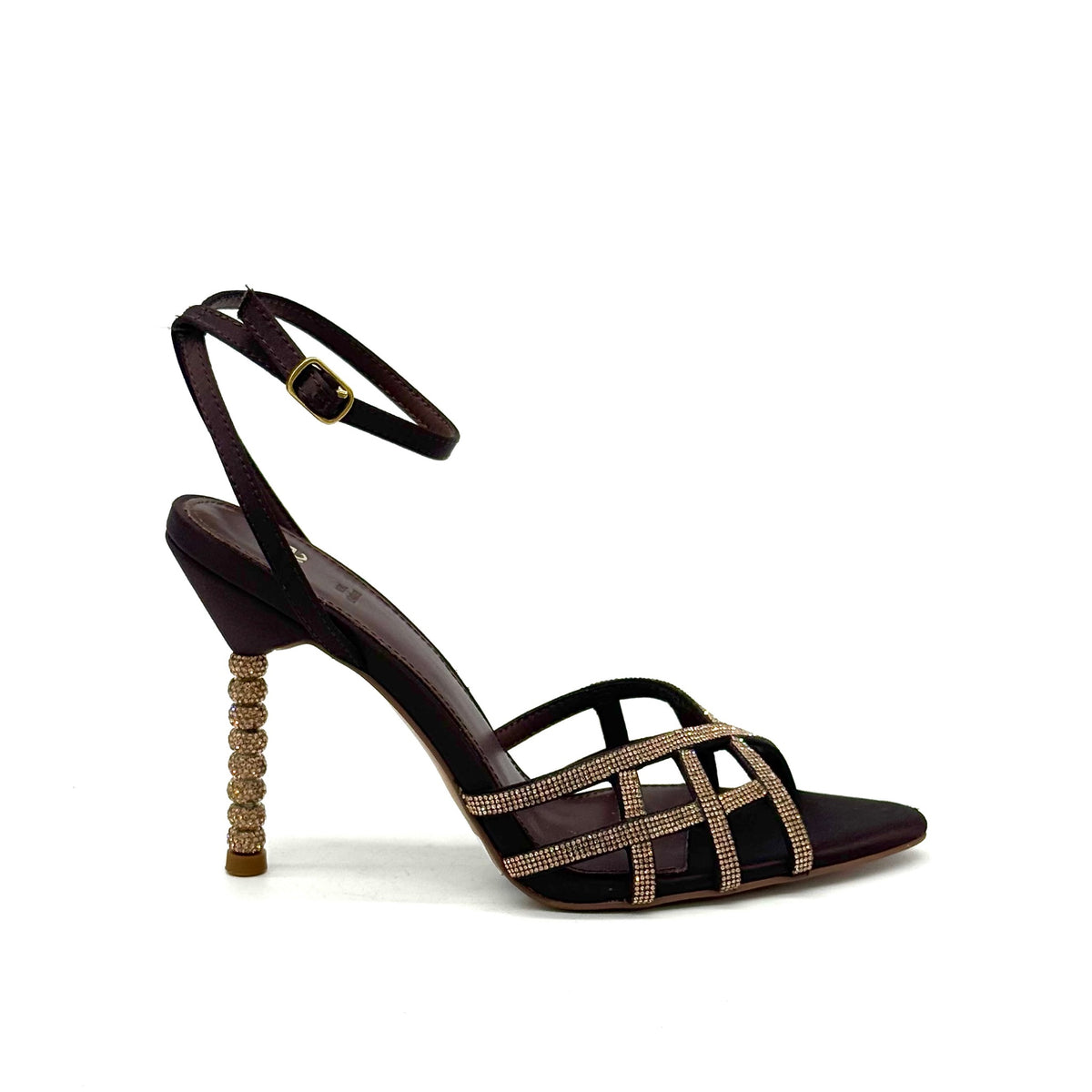 EXE Joy-959 crystal-embellished caged heel sandal in brown with rhinestone lattice straps, ankle strap buckle, and jeweled sculptural heel, side view
