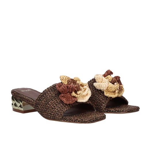 EXE Katy 401 brown raffia slide sandals for women with decorative detail and metallic block heel