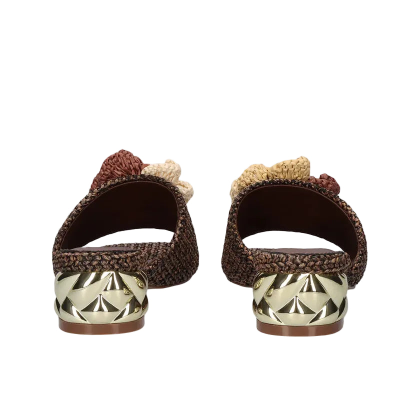 EXE Katy 401 brown raffia slide sandals for women with decorative detail and metallic block heel