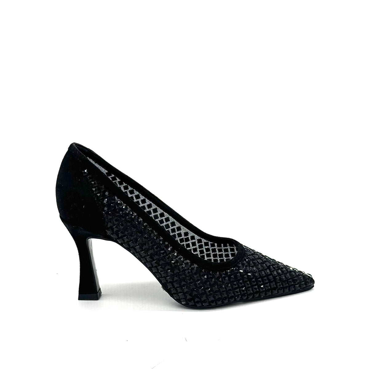 EXE Lamina-255 crystal-embellished mesh pointed toe pump in black with sculptural flared heel