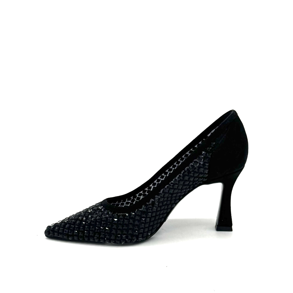 EXE Lamina-255 crystal-embellished mesh pointed toe pump in black with sculptural flared heel