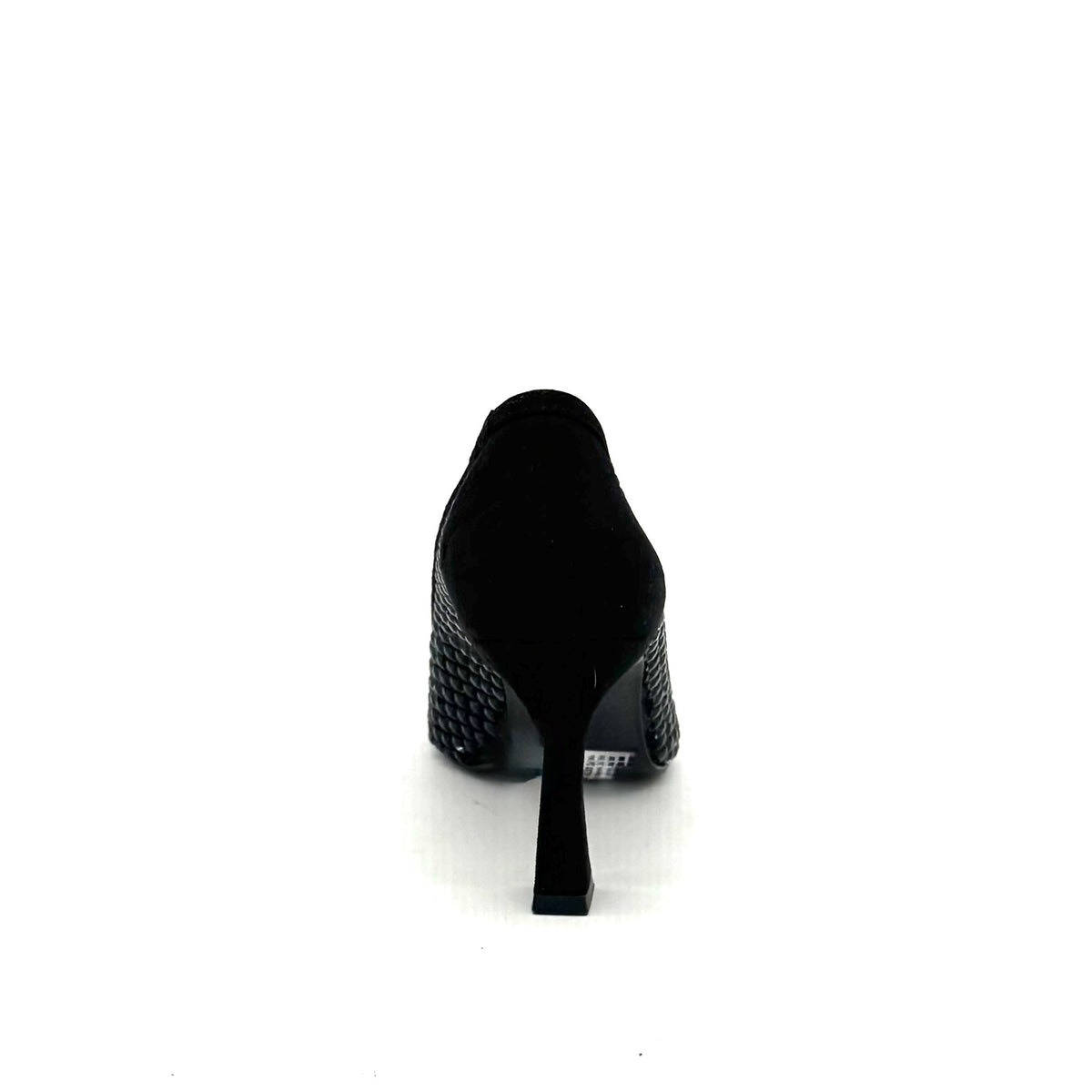 EXE Lamina-255 crystal-embellished mesh pointed toe pump in black with sculptural flared heel