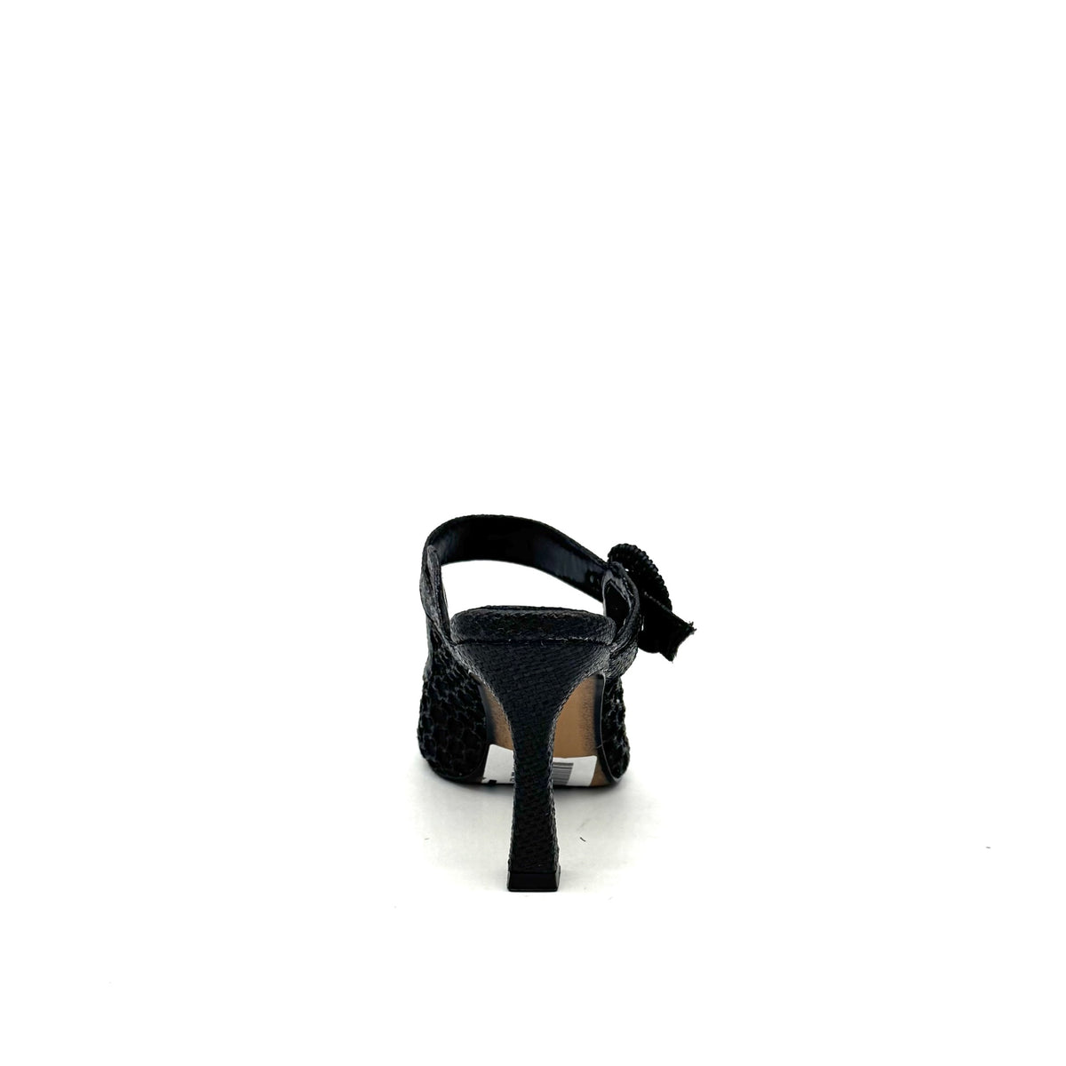 EXE Lamina-290 honeycomb mesh pointed toe mule in black with oversized woven buckle strap and sculptural flared heel