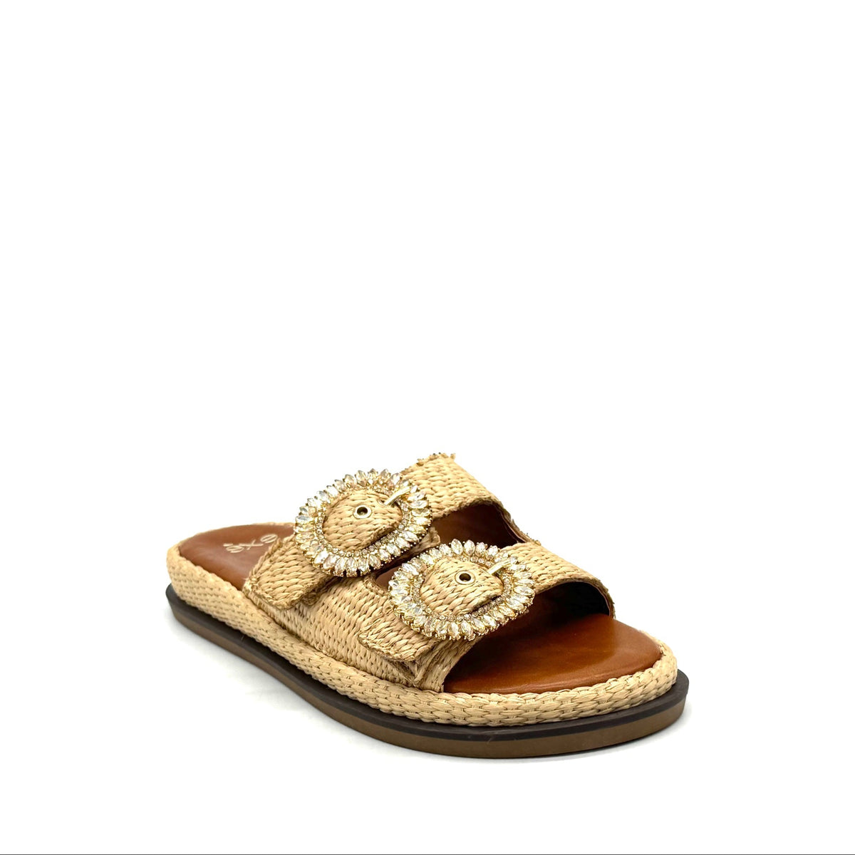 EXE Napoli-817 woven platform slide sandal in beige with crystal-embellished round buckle straps