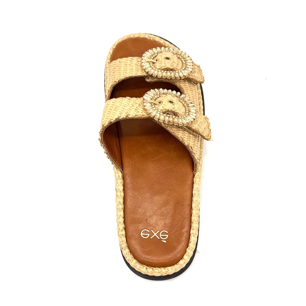 EXE Napoli-817 woven platform slide sandal in beige with crystal-embellished round buckle straps