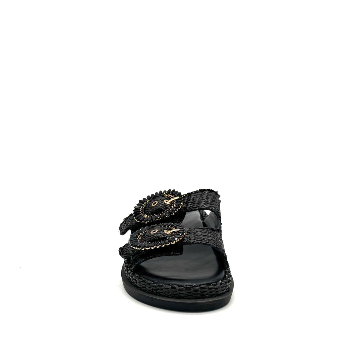 EXE Napoli-817 woven platform slide sandal in black with crystal-embellished round buckle straps