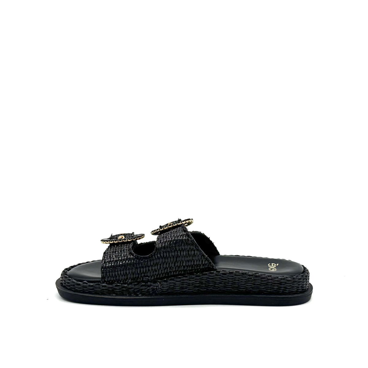EXE Napoli-817 woven platform slide sandal in black with crystal-embellished round buckle straps