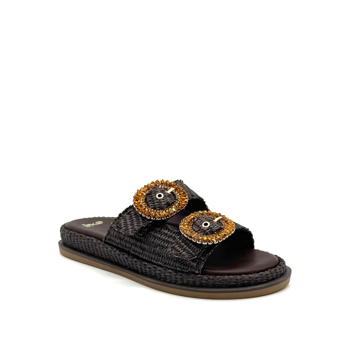 EXE Napoli-817 woven platform slide sandal in brown with amber crystal-embellished round buckle straps
