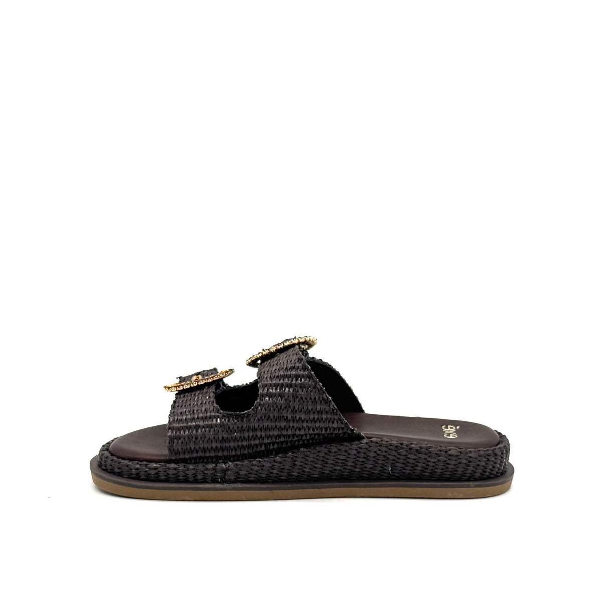 EXE Napoli-817 woven platform slide sandal in brown with amber crystal-embellished round buckle straps