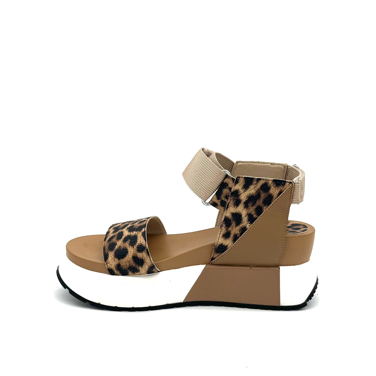 EXE Olivia-923 leopard print sporty platform sandal in tan with colorblock panels, ankle strap, and chunky ridged sole