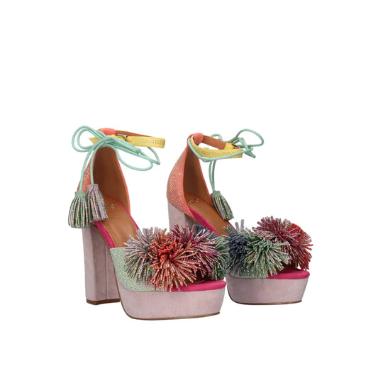 EXE Ophelia 925 multicolor platform heel sandal with tassel ankle tie and embellished upper