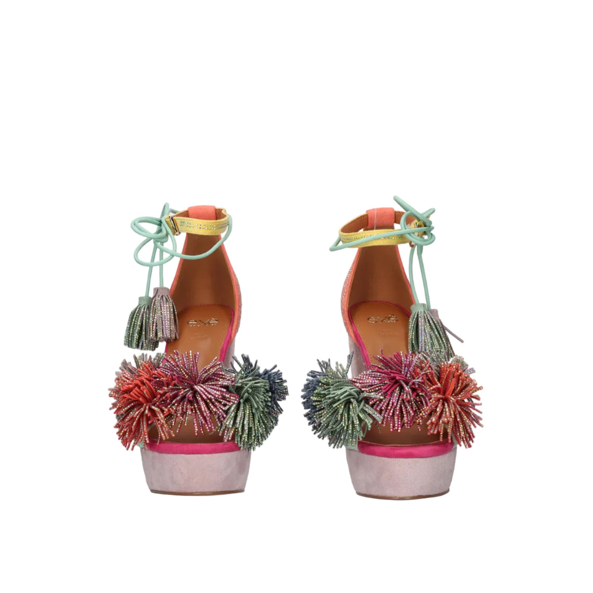 EXE Ophelia 925 multicolor platform heel sandal with tassel ankle tie and embellished upper
