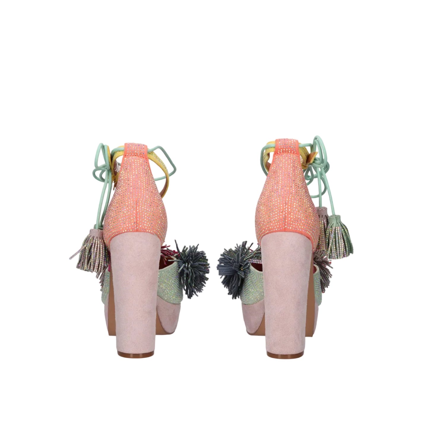EXE Ophelia 925 multicolor platform heel sandal with tassel ankle tie and embellished upper