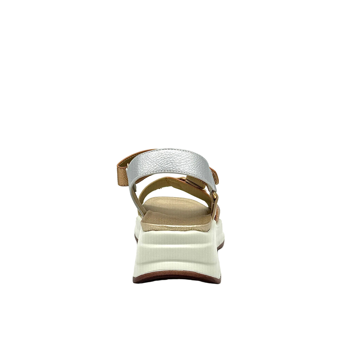 Gold/Silver: EXE RT1 metallic multi-strap sport sandal in gold and silver with chunky white platform sole, side view