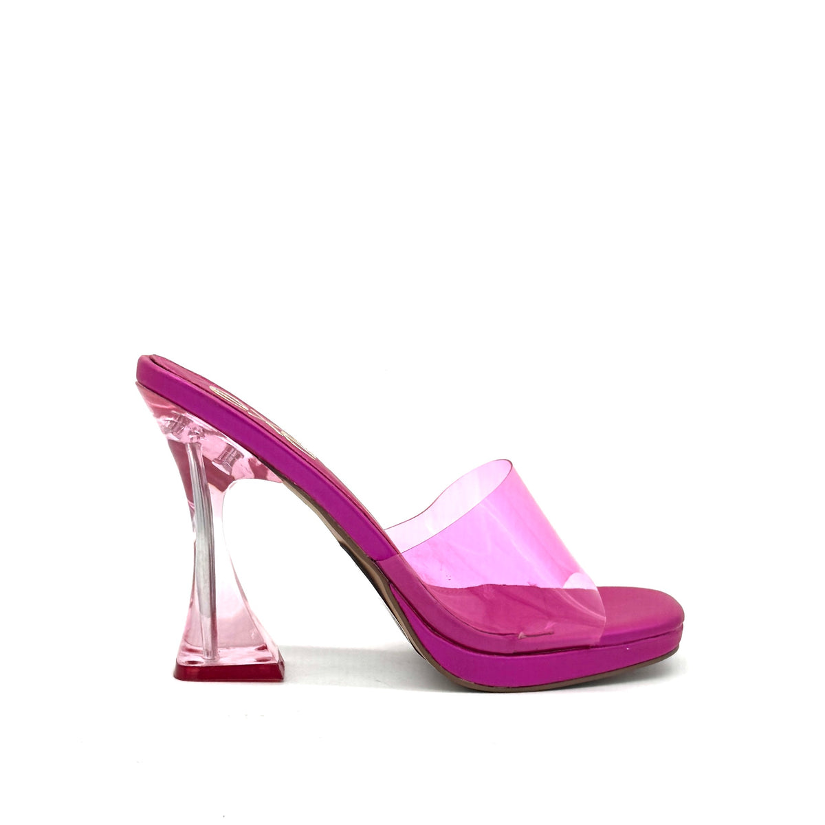 Pink: EXE Steven-830 clear sculptural heel platform slide in pink with transparent vinyl upper, side view