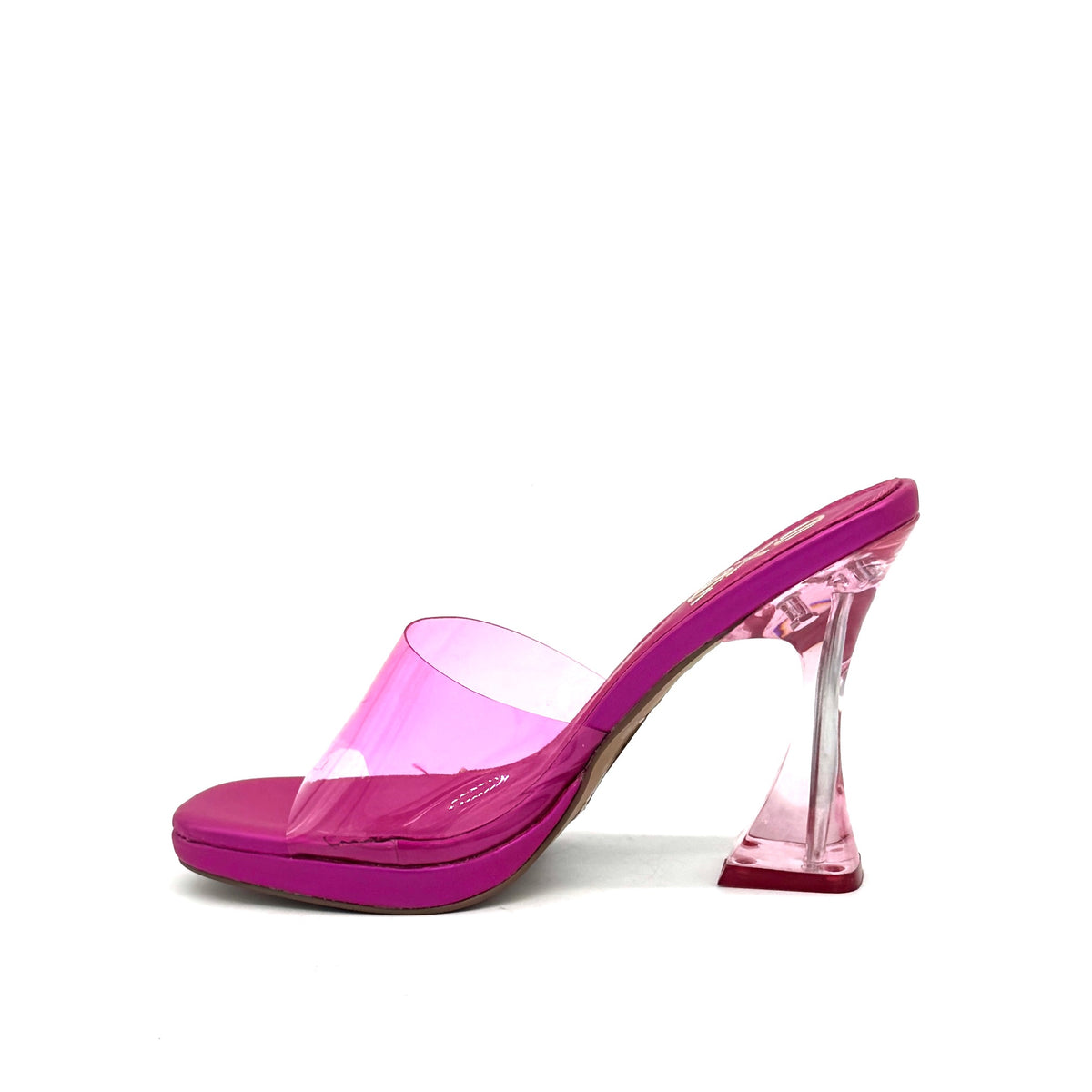 Pink: EXE Steven-830 clear sculptural heel platform slide in pink with transparent vinyl upper, side view