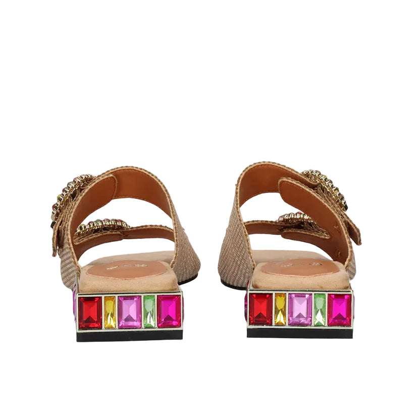 EXE Summer 871 beige embellished slide sandals for women with double strap and colorful jewel heel