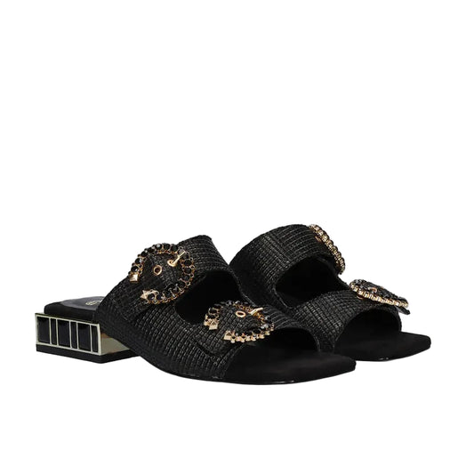 EXE Summer 871 black embellished slide sandals for women with double strap and jewel block heel