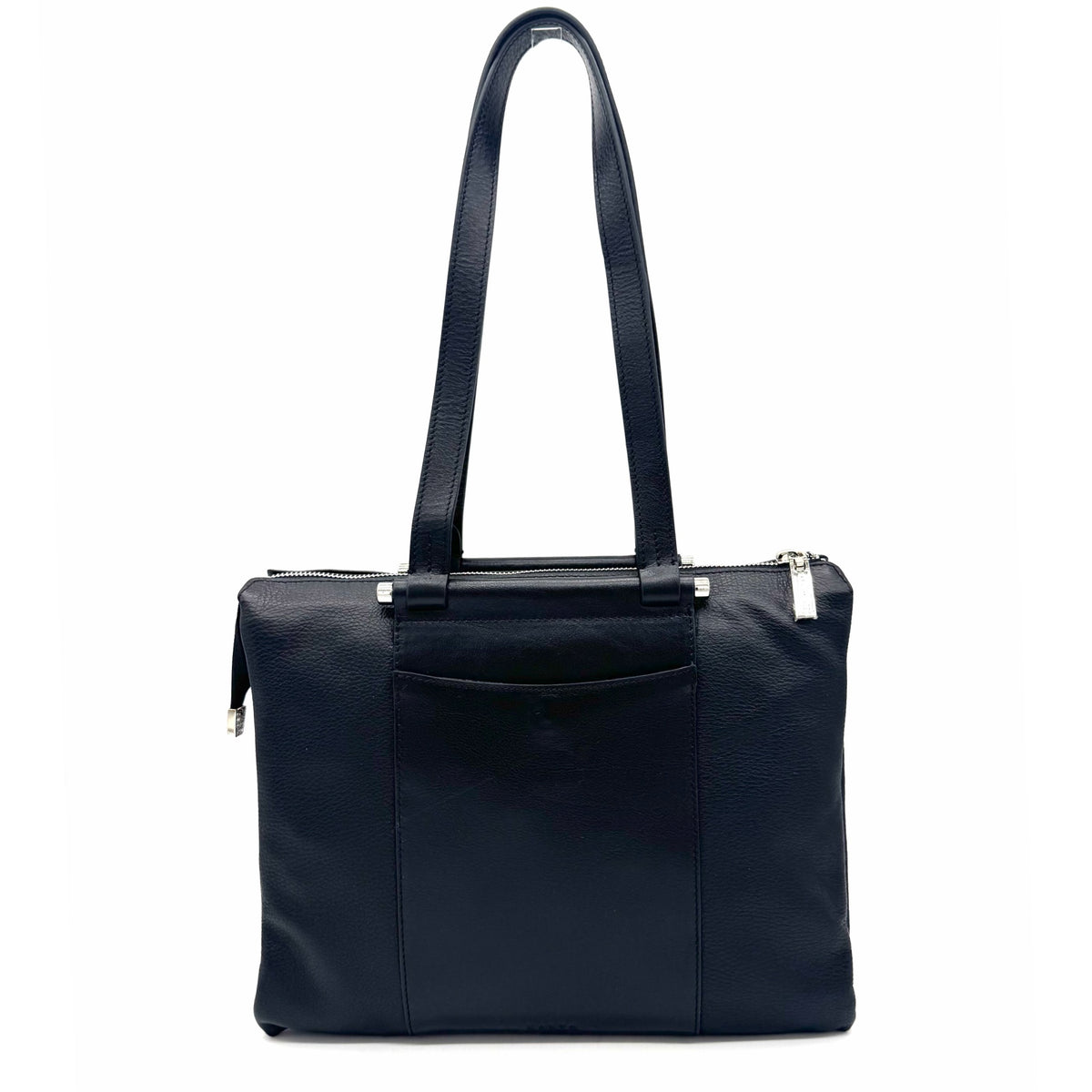 Black genuine leather Karya Tatiana shoulder tote with smooth center panel and silver hardware
